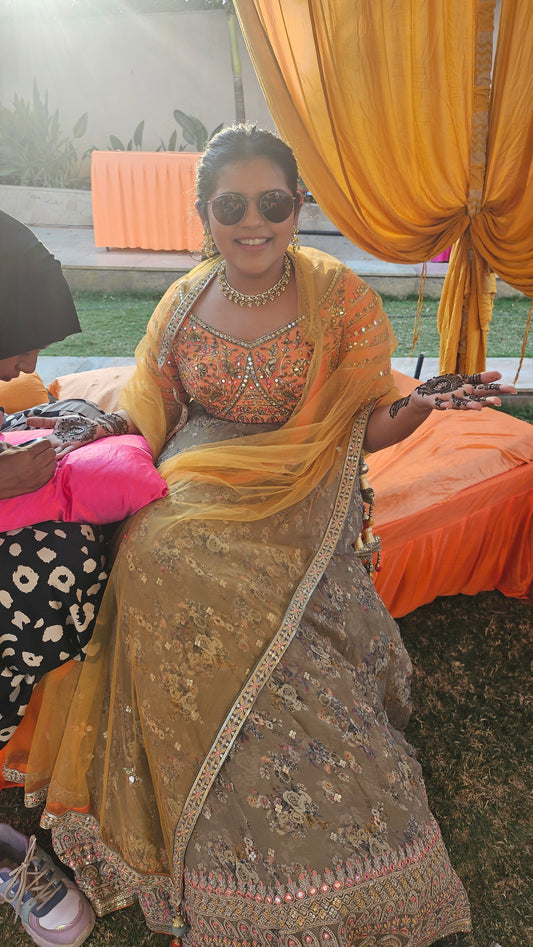 Orange and Green Mirror Work Lehenga Preloved
