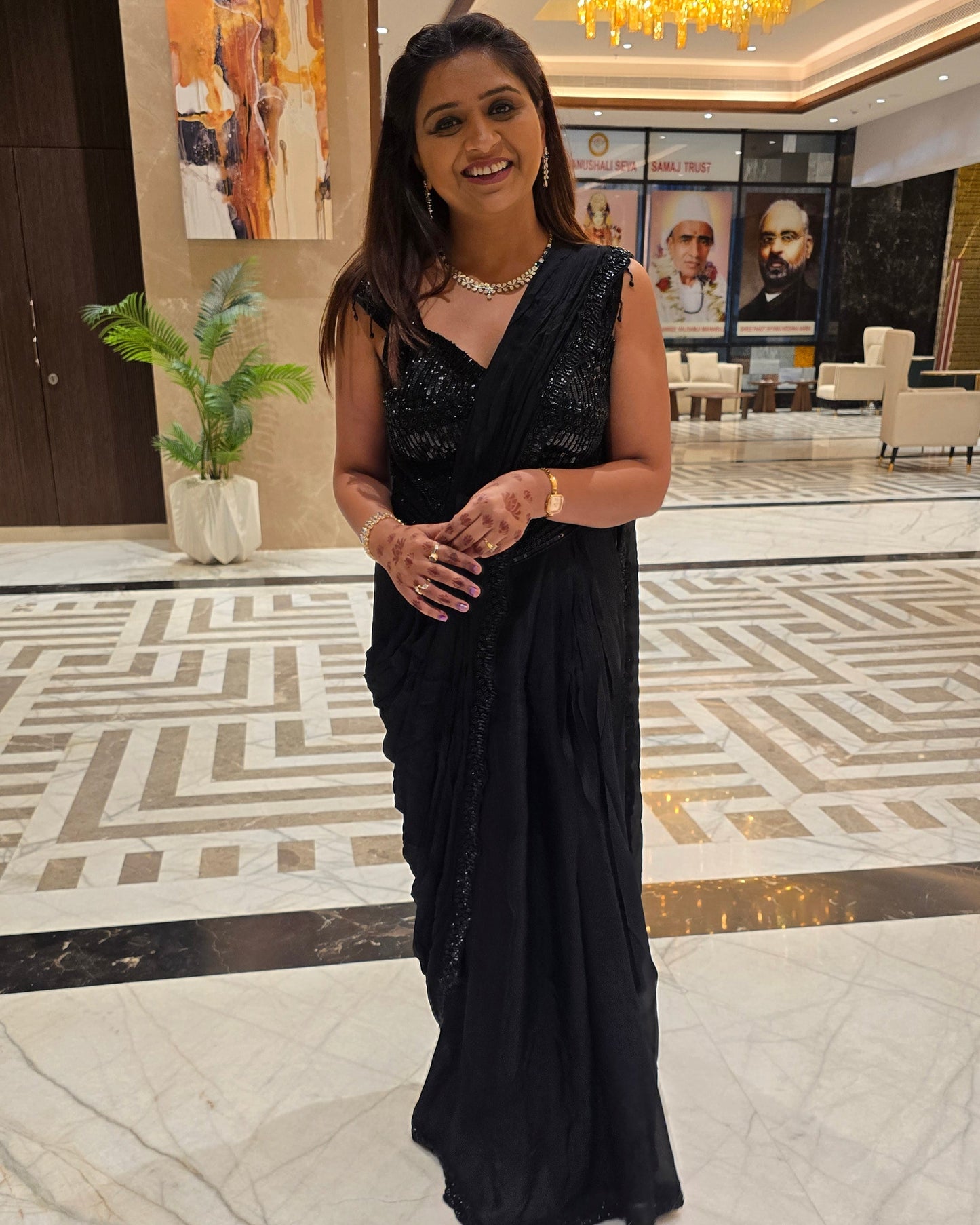 Black Pre Draped Saree with Corset Blouse