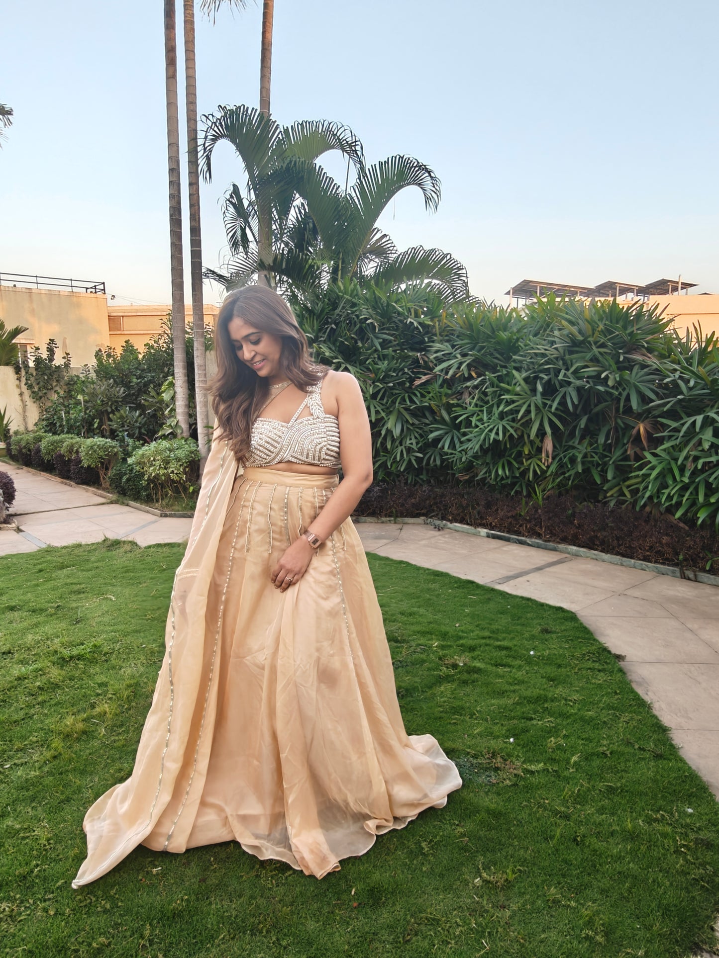 Beige Skirt with Pearl Blouse