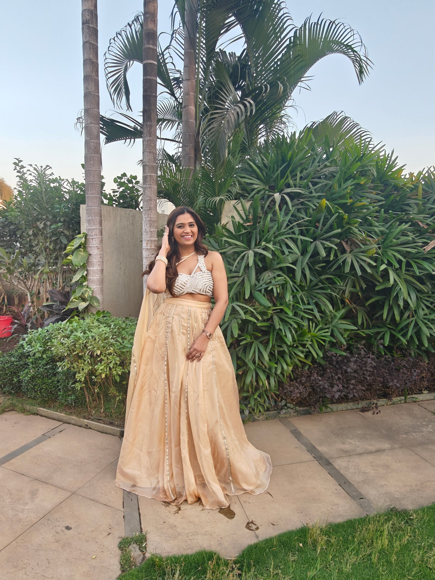 Beige Skirt with Pearl Blouse